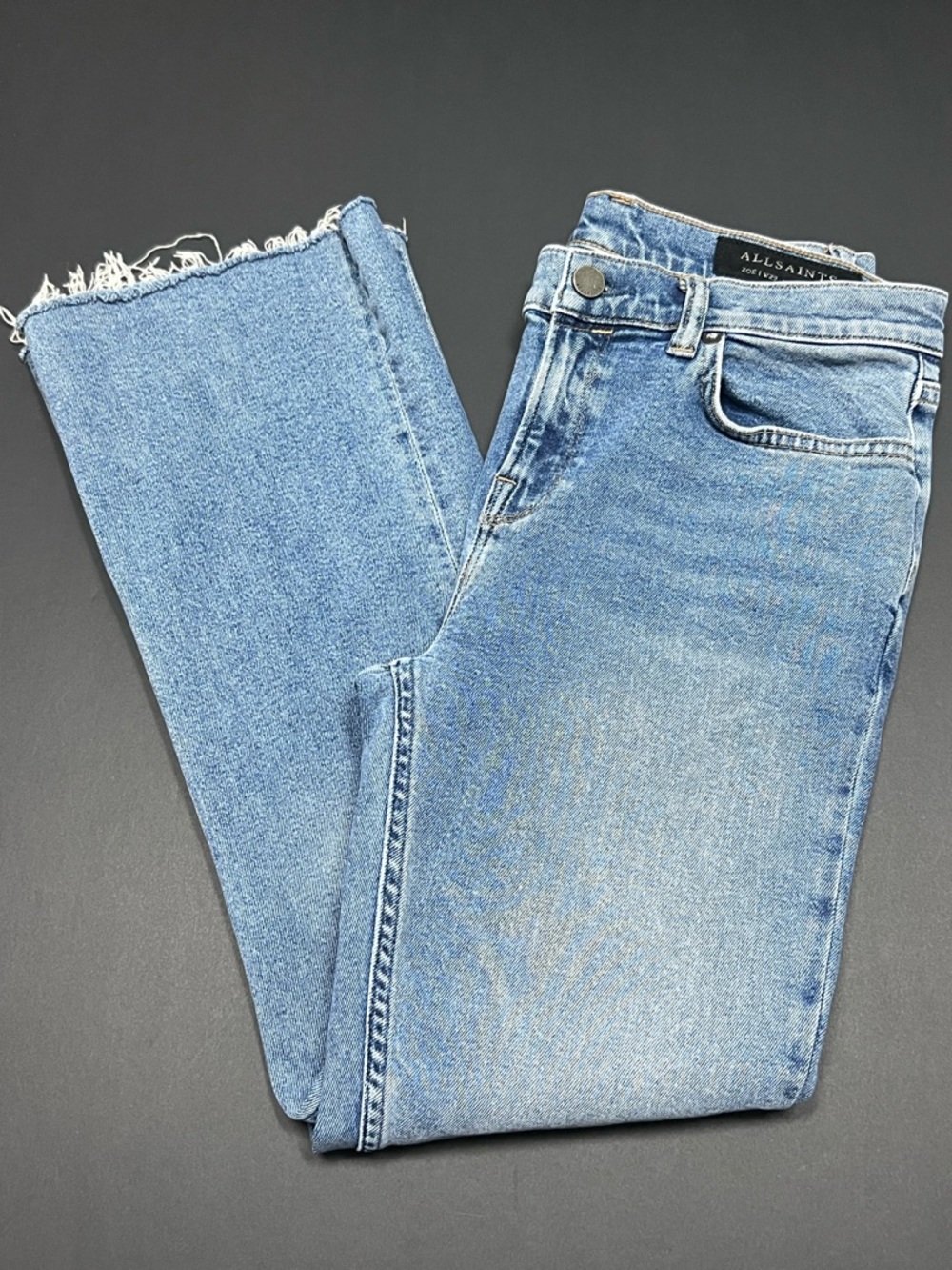 AllSaints Zoe Cropped Bootcut Jeans Frayed Hem Light Wash Size W29